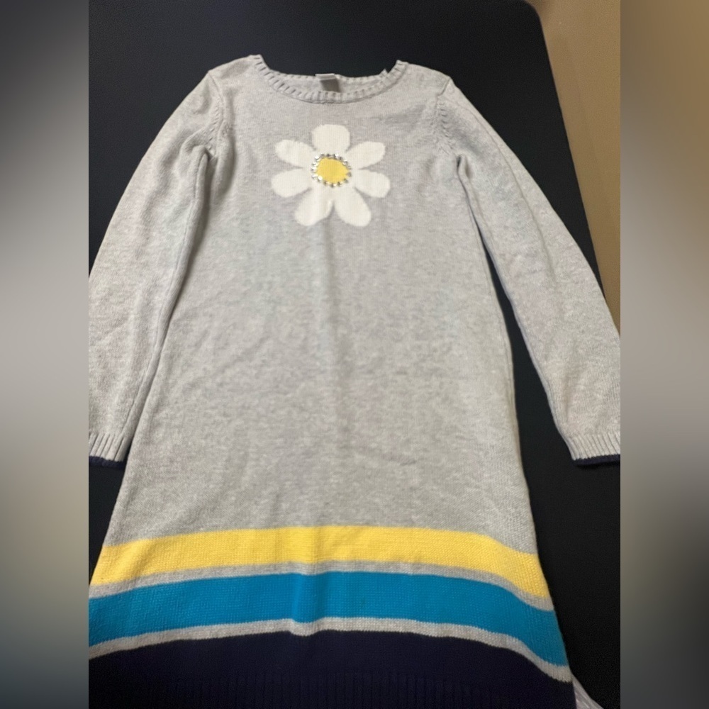 GYMBOREE GRAY SWEATER DRESS WITH YELLOW/TURQUOISE & NAVY BAND AT BOTTOM SIZE 10